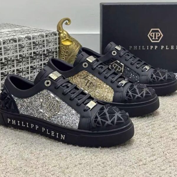 Philipp Plein Skull Glitter Low-Top Sneakers – Silver / Gold / Black