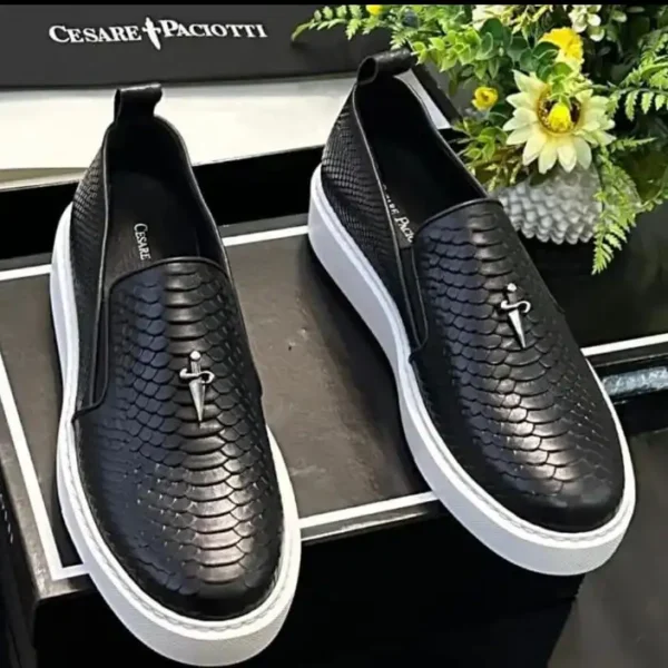 Cesare Paciotti Signature Snake-Textured Slip-On Sneakers – Black