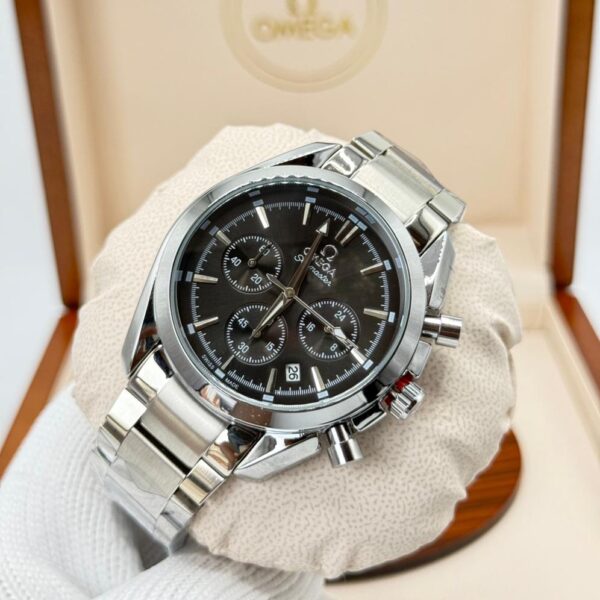 stainless‑steel Omega Seamaster Aqua Terra chronograph with black dial