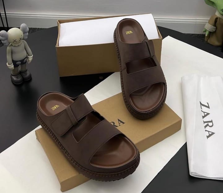 Luxury ZARA double strap Slides-Coffee Brown