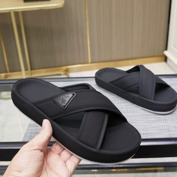 Prada Triangle Logo Cross Strap Slides – Black