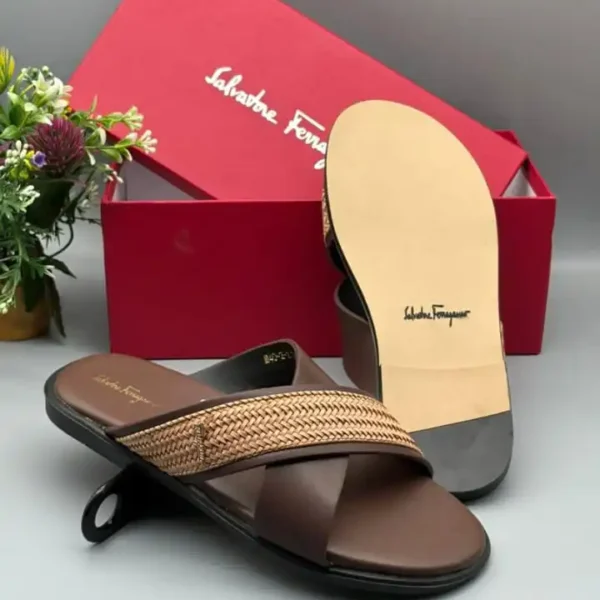 Salvatore Ferragamo Cross-Strap Leather Slides – Brown / Woven Detail