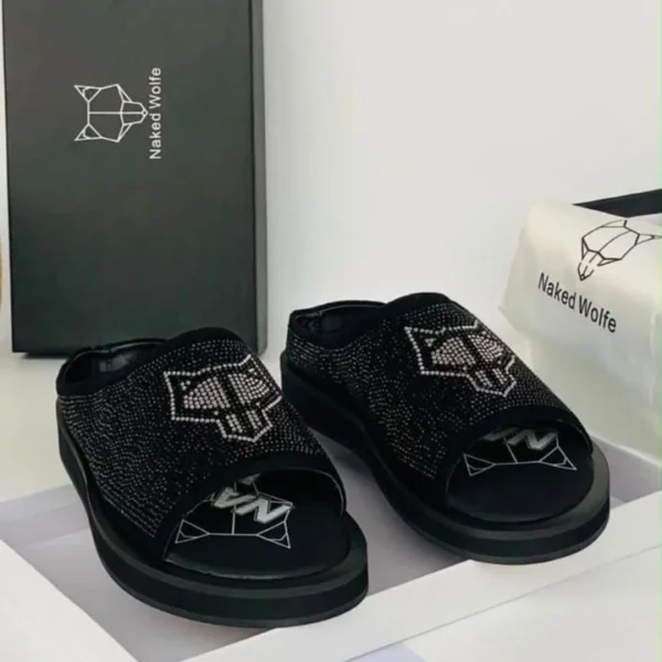 NAKED WOLFE Crystal Embellished Half Shoe Slides For Men - Black