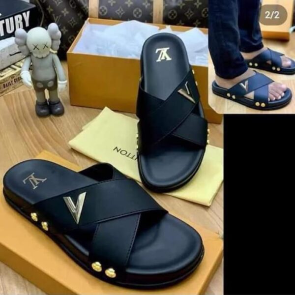 Luxury Cross-Strap Designer Slides — Black & Gold